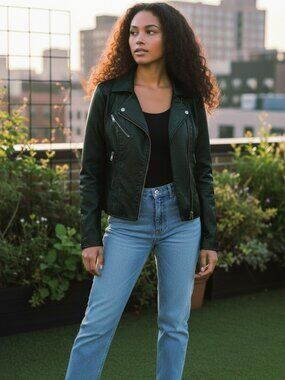 Vintage Y2K Guess Quattro G Women's Deep Phthalo Green Vegan Leather Moto Jacket